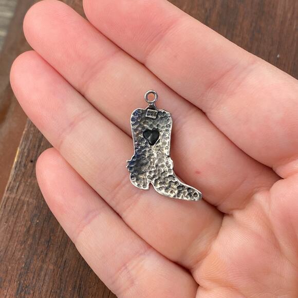 Vintage 925 Sterling Silver Cowboy Boot Black Onyx Heart Pendant Bracelet Charm - Picture 2 of 4